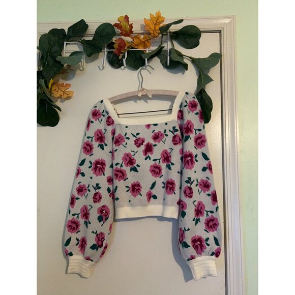 Willow & Wind Sweaters - Willow & Wind Floral Knit Top Square Neck Balloon Sleeve Crop Top Sweater Size S